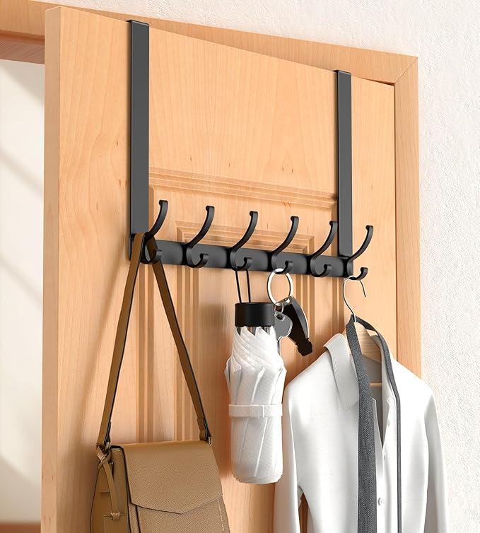 Long Over The Door Hooks Hanger with 15.75" Arms for Easier Access by Shorter, Heavy Duty Door Hanger for Coat, F16U, Fits Standard 1 3/8'' Doors, Towel Racks for Bathroom, Black