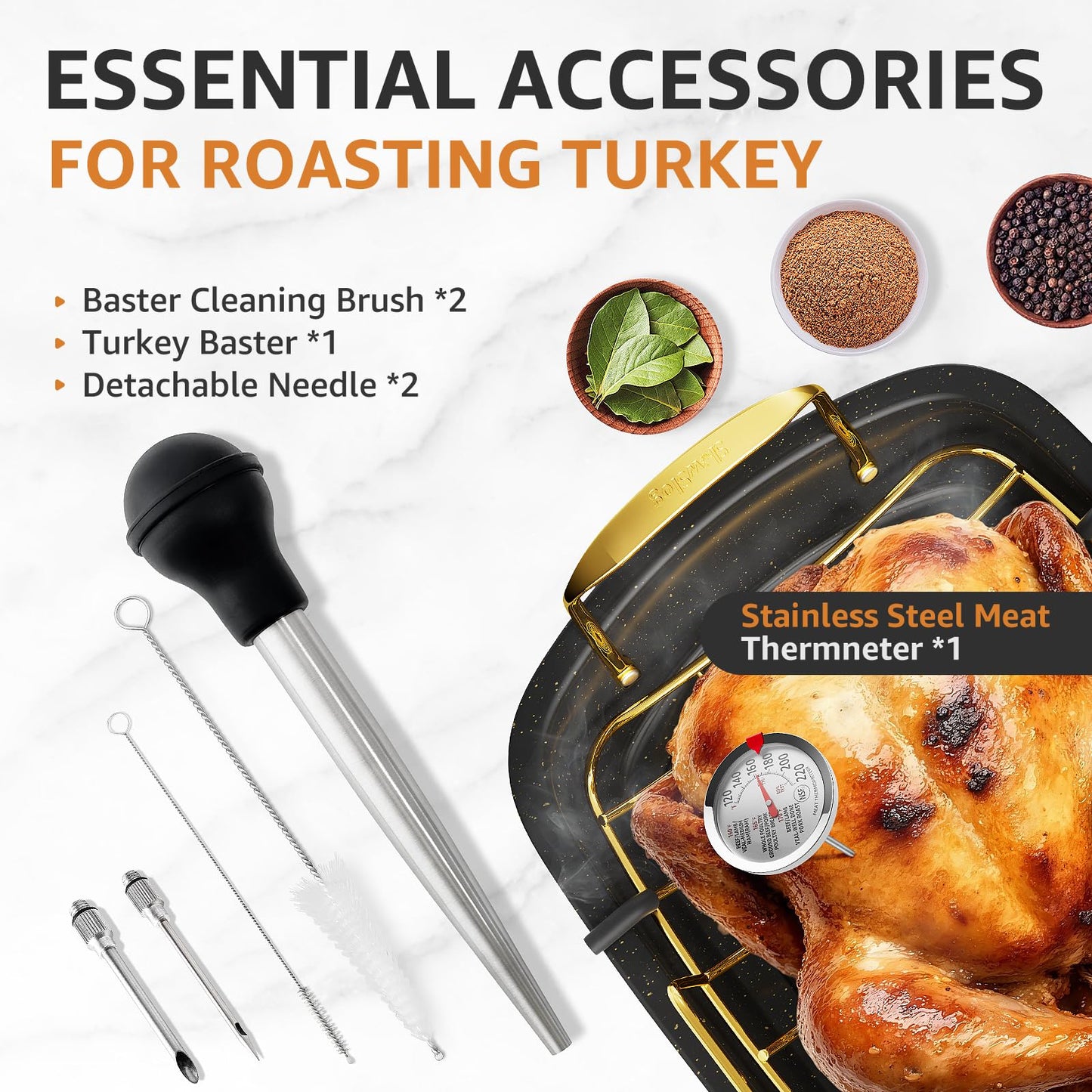 Turkey Roasting Pan, 17x13 Inch Roaster Pan for Turkey, Black&Silver