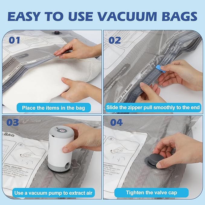 Travel Vacuum Storage Bags with Rechargeable Air Pump, 12 Pack Portable Space Saver Bags, Compression Bags for Clothing, Bedding, Seasonal Storage & Packing Bags for Moving