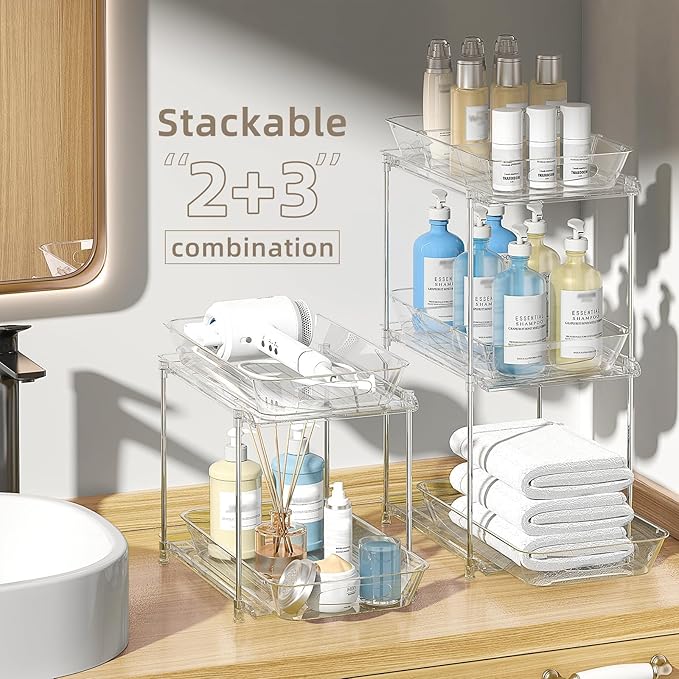 2 Sets of Under Bathroom Sink Organizer, 2-Tier Multi-Purpose Clear Medicine Cabinet Organizer, Pull Out Home Organization Must Haves 2026 with Movable Dividers