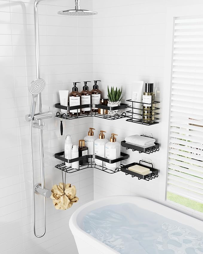 Corner Shower Caddy - 5-Pack Shower Organizer with Soap Holder & Toothbrush Holder, Rustproof Metal Shower Shelves, Laundry, Kitchen, Bathroom Organizers and Storage Solution, Large, Black