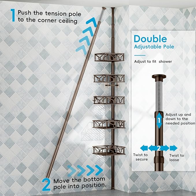 Skycarper 5 Tier Adjustable Corner Shower Caddy Organizer with Hooks,Rustproof Tension Pole 62-116 Inch,Bronze