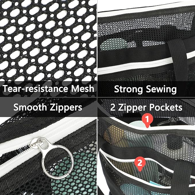 Mesh Shower Caddy Portable with Zipper & 2 Pockets - Quick Dry Shower Bag Toiletry Tote Hanging for Travel Gym Camp Beach - Organizer Bag Bathroom Essentials for College Dorm
