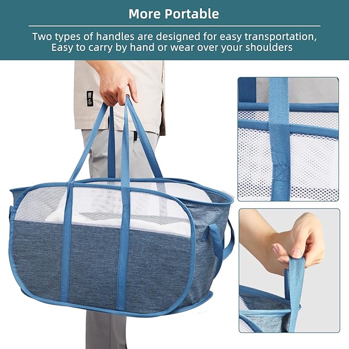 2 Pcs Collapsible Laundry Baskets, Tear Proof Pop Up Laundry Hamper with Dual Handles, Durable Foldable Laundry Basket, Easy to Carry Laundry Hamper for Home, Laundry Room, Bedroom, Dorm, Travel Blue