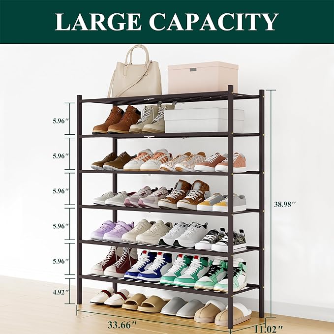 Smiry Shoe Rack, 6 Tier Long Bamboo Shoe Organizer, Stackable Free Standing Wooden Shoe Storage Shelf for Closet, Entryway, Front Door Entrance, Brown