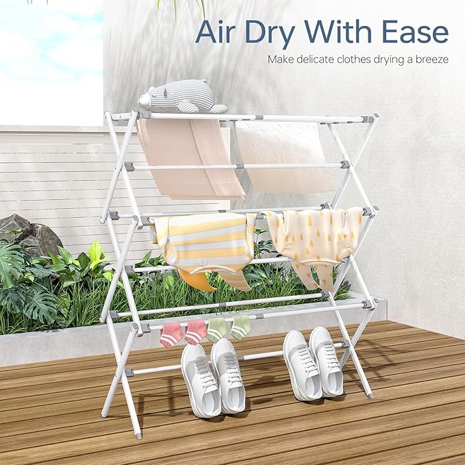 APEXCHASER Drying Rack Clothing - 3 Tier Metal Clothes Drying Rack Collapsible, Laundry Drying Rack Expandable, Small Clothe Airer for Baby Clothes Towel Bib Sock Indoor Outdoor Use(White)