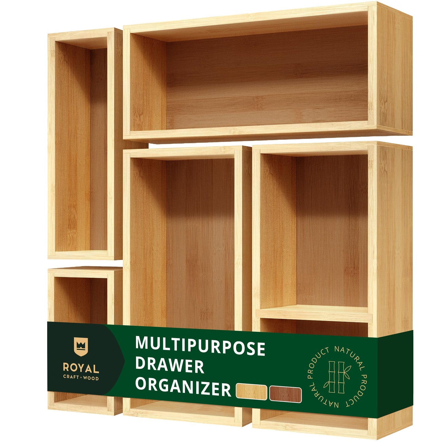 ROYAL CRAFT WOOD Premium Carbonized Bamboo Decorative Boxes - Drawer Organizer Set (5-Piece) – Wood Storage Boxes for Kitchen, Bathroom, Office & Makeup