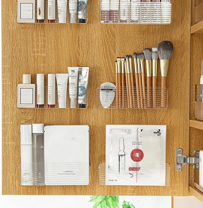 MORNITE Bathroom Medicine Cabinet Organizer Set, Small Narrow Compact Shelves Holder Compartments for Lipstick, Facial Mask, 2 Pcs Trays for Cabinet Wall, Vanity - Clear