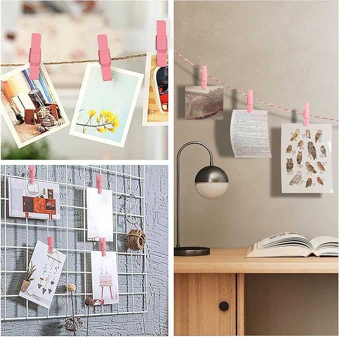 1.35 Inch Mini Clothes Pins for Photo100 Pcs with 32 Feet Jute Twine, Mini Clothes Pins for Crafts, Wooden Small Clothespins for Pictures, Tiny Decorative Clothespins for Baby Shower (Pink)