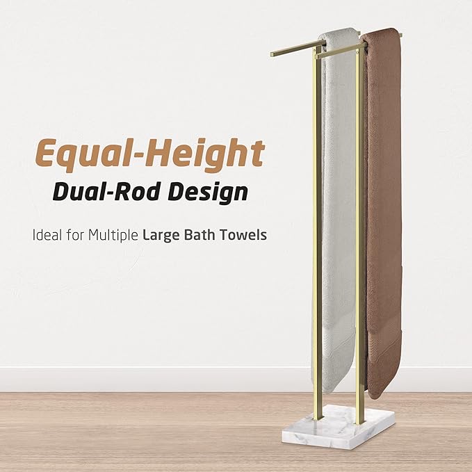 KES Standing Towel Rack with Marble Base, 37" H (Equal Height) Gold Towel Rack for Bathroom Floor, Towel Rack Stand Fits Large Bath Towel, 18/8 Stainless Steel, BTH229-BZ