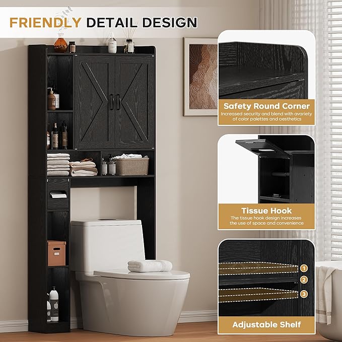 Over The Toilet Storage Cabinet, 31.1”W Bathroom Organizer with Double Doors, Above Toilet Rack, Detachable Toilet Paper Holder for Bathroom & Laundry Room Black
