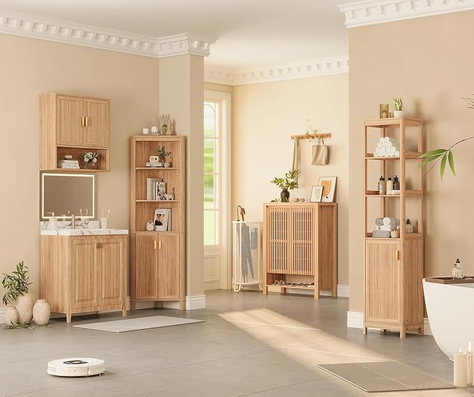 Bathroom Wall Storage Cabinet, Medicine Cabinet with Adjustable Wood Shelf & Doors, Over The Toilet Storage Cabinet for Laundry Room & Kitchen & Living Room (Natural Oak)