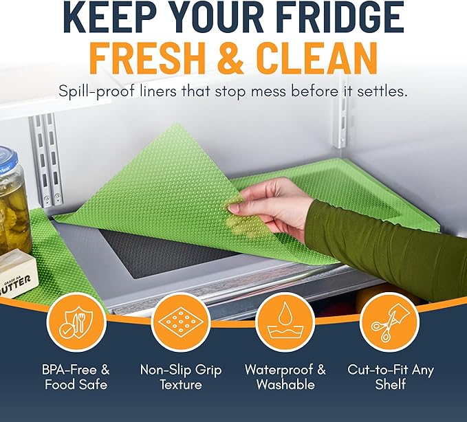 Refrigerator Liners for Shelves (8 Pack) by Linda’s Essentials - Non-Adhesive Shelf or Drawer Liner, BPA-Free Fridge Mats for Kitchen & Cabinets, Easy to Clean, Ideal Household Essentials (Green)