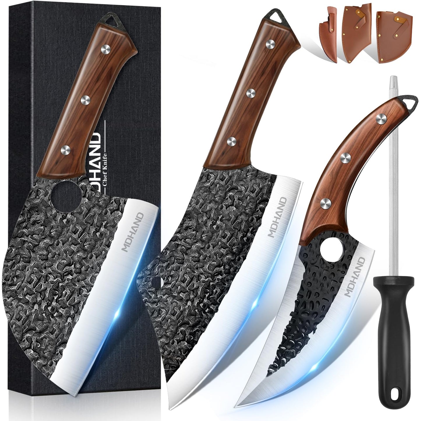 MDHAND Butcher Knife Set, Hand Forged Meat Cleaver Knife Gift for Men