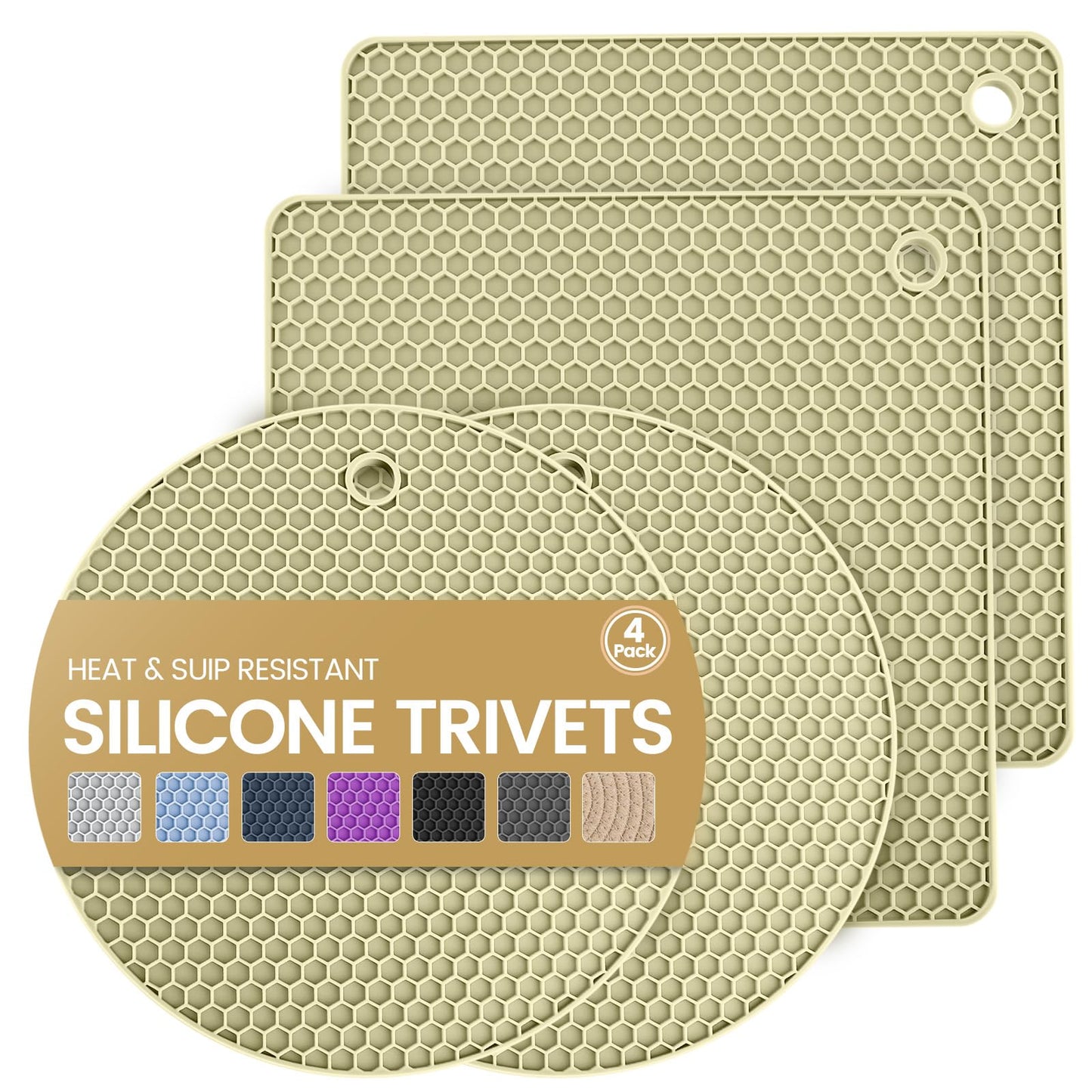 Silicone Trivet Mats 4 Heat Resistant Pot Holders Multipurpose Non-Slip Hot Pads for Kitchen Potholders, Drying mat, Jar Opener, Spoon Holder, Coaster.(Dark Black)