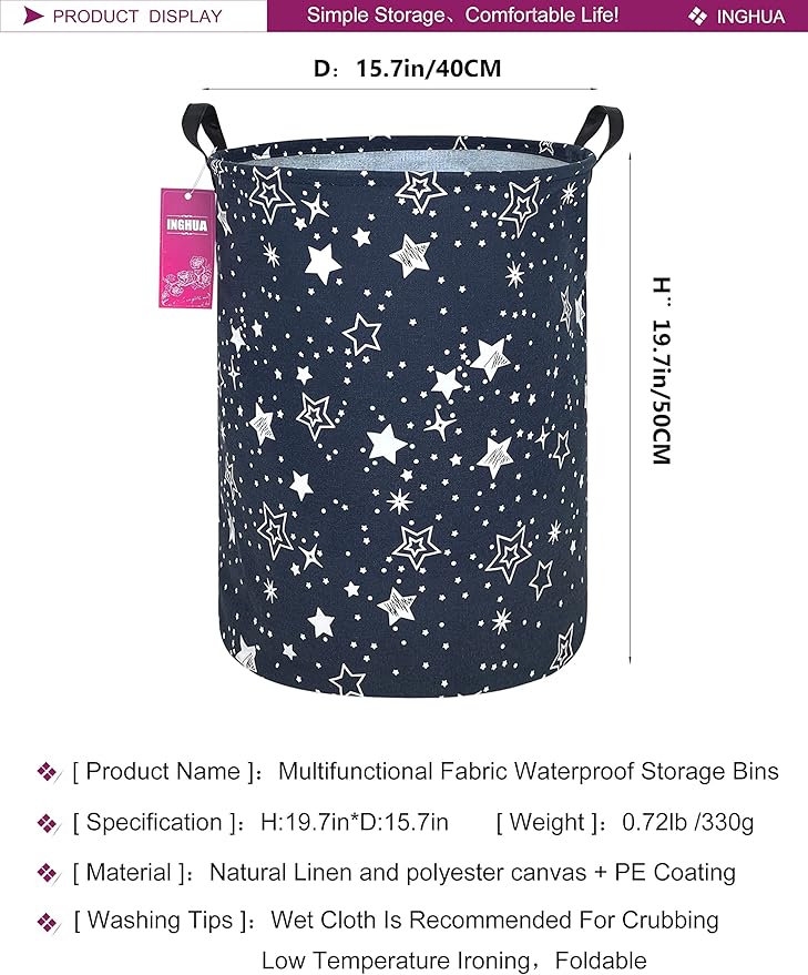 Laundry Hamper Large Canvas Fabric Lightweight Storage Basket/Toy Organizer/Dirty Clothes Collapsible Waterproof for College Dorms, Boys and Girls Bedroom,Bathroom(Blue star)
