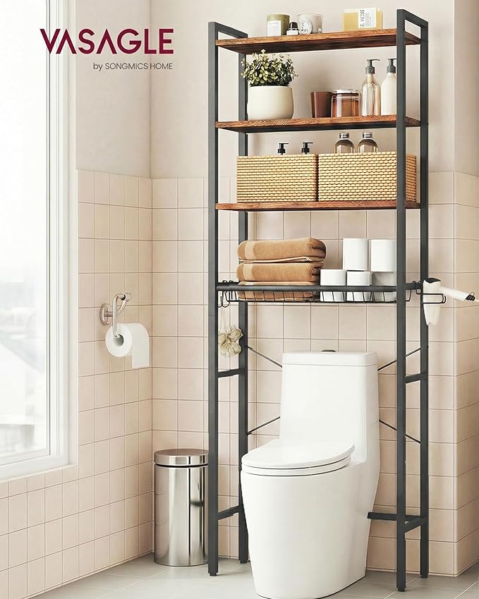 VASAGLE Over The Toilet Storage, Over Toilet Bathroom Organizer with Adjustable Shelves and Basket, 3 Hooks, Space Saving, 9.4 x 23.6 x 68.1 Inches, Rustic Brown UBTS114KD01S
