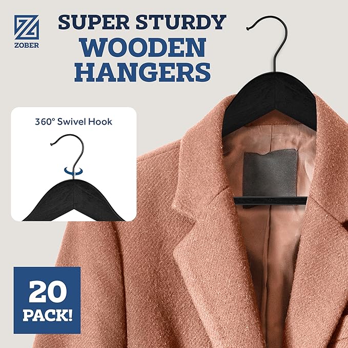 ZOBER Black Wooden Hangers - Heavy Duty, Non Slip Wood Hangers for Coats, Jackets, Suits, & Pants - Coat Hangers for Closet W/Bar and Notches 20 Pack