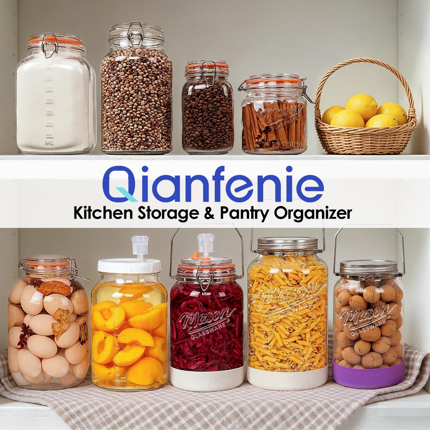 Qianfenie 64 oz Mason Jars with Lids, 2 Pack Half Gallon Glass Jars