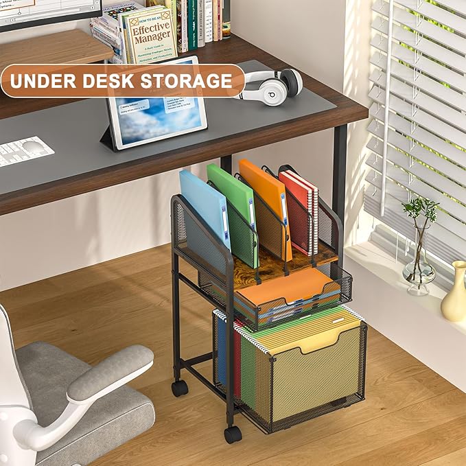 Rolling File Cabinet with Adjustable Dividers, Mobile Filing Cabinet with 2 Storage Drawers on Lockable Wheels, Hanging File Organizer Beside Under Desk for Office, Home（Patent Pending）