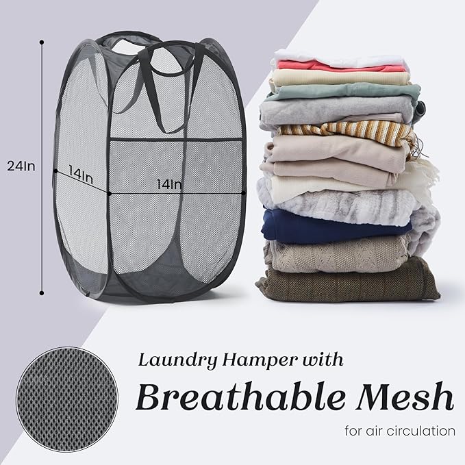 TECHMILLY Collapsible Mesh Pop Up Laundry Hamper with Sturdy Handles and Side Pocket - Portable Foldable Clothes Baskets for Dorm, Bathroom & Travel Storage (Grey, 3 Packs)