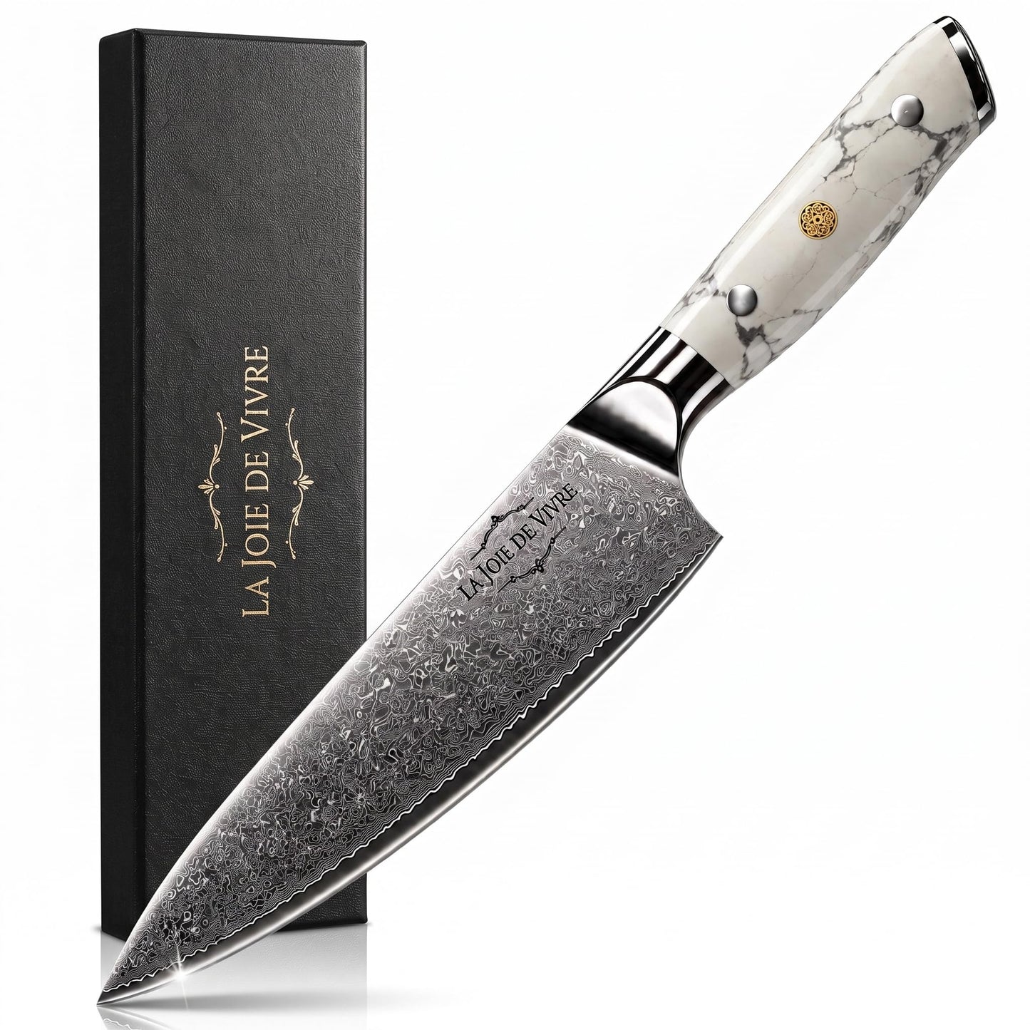 Damascus Chef Knife 8 Inch, Japanese Chef Knife with 67-Layer VG-10 Steel Core, Ultra Sharp Professional Kitchen Knife, White Turquoise Marble Handle, Premium Gift Box