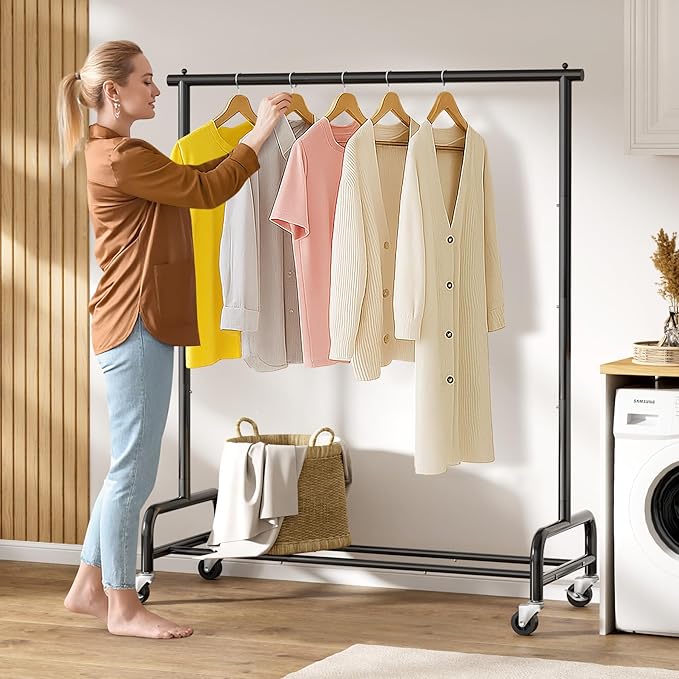SLEEPING LAMB Heavy Duty Clothing Racks for Hanging Clothes Rack, 43" Wide Rolling Garment Rack Metal Clothing Hanger Rack with Wheels Wardrobe Rack for Coats, Shirts, Dress, (Black)