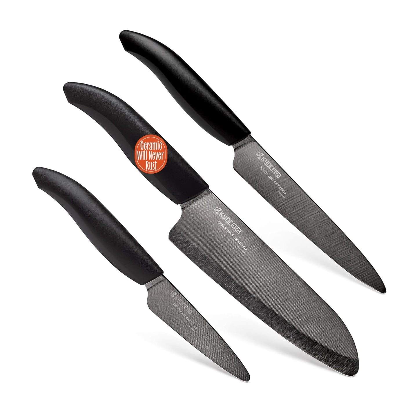 Kyocera Revolution 3pc ceramic knife set, 6", 5" and 3", Black