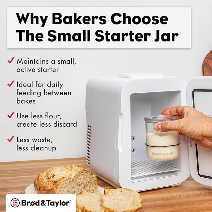 Brod & Taylor Small Sourdough Starter Jar (12oz) Less Discard Waste, 100% Dishwasher Safe, Measurement Markings, and Height Marker (Durable Glass Jar, BPA-Free)