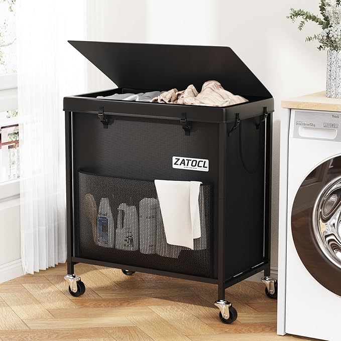 220L Laundry Hamper with Lid, Heavy Duty Laundry Basket with Wheels, Large Capacity Dirty Clothes Hamper with Thick Iron Frame & Removable Bag, Rolling Laundry Hampers for Bathroom Bedroom Aesthetic