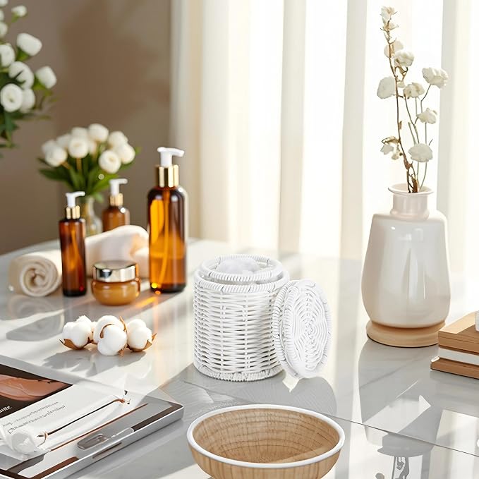 Rattan Jars,Decorative Storage Boxes with Lids,Rattan Bathroom Accessories,Rattan Desk Organizer,for Office,Dressing Table,Dental floss picks, cotton swab holders Home Decoration,White（DP056）