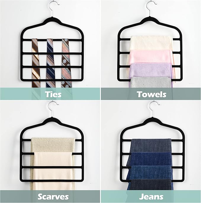 Velvet Pant Clothes Hanger Space Saving Non Slip Shorts Hanger, Myfolrena Jeans Slack Trousers Hangers Multiple Velvet Hanger Closet Organizer Storage and Organization for Jeans,Scarf,Tie(Black,3)