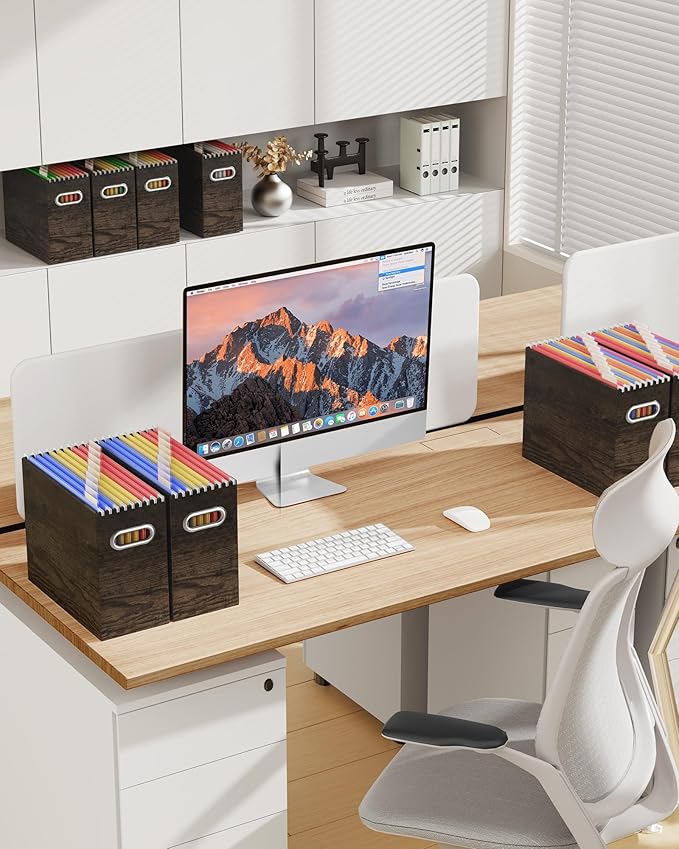 Oterri Cardboard File Organizer Box for Hanging File Folders Letter Size,File Box for Computer Desk,File Cabinet,Working Home,Office,Classroom (Brown Wood Grain Print, Letter Size - 4 Packs)