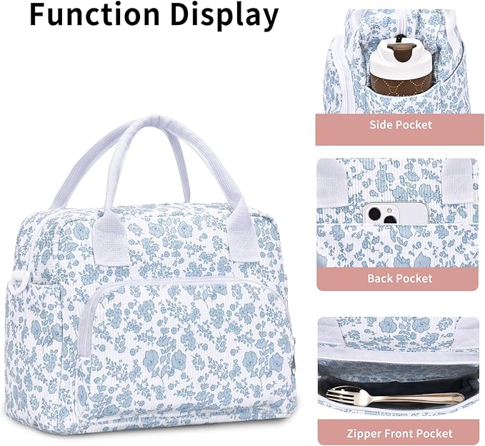 Lunch Bag Women Lunch Box for Women Adult Cute Insulated Lunch Bag Lager Cooler Lunch Tote Bags for Work Picnic (Blue-Floral)