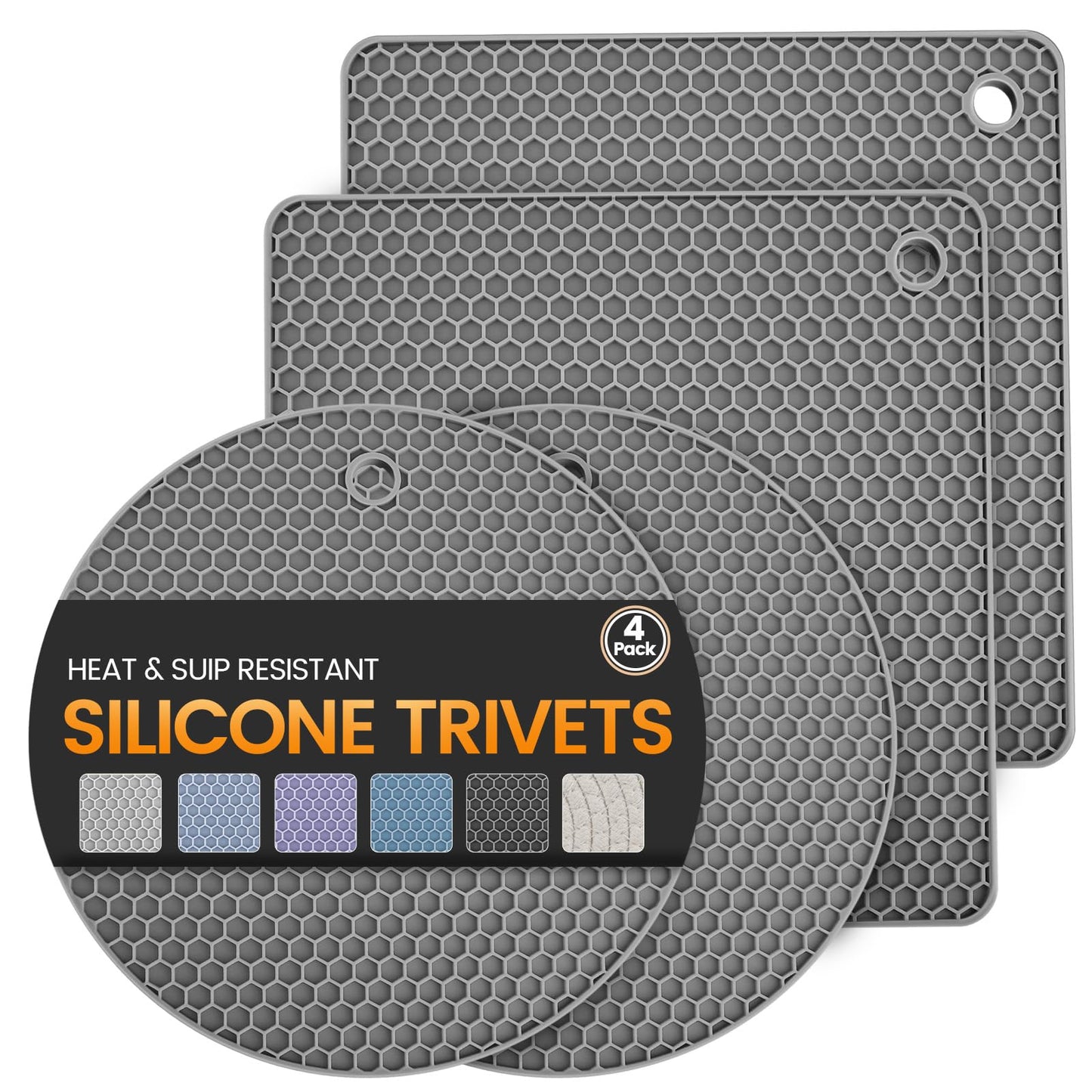 Silicone Trivet Mats 4 Heat Resistant Pot Holders Multipurpose Non-Slip Hot Pads for Kitchen Potholders, Drying mat, Jar Opener, Spoon Holder, Coaster.(Dark Black)