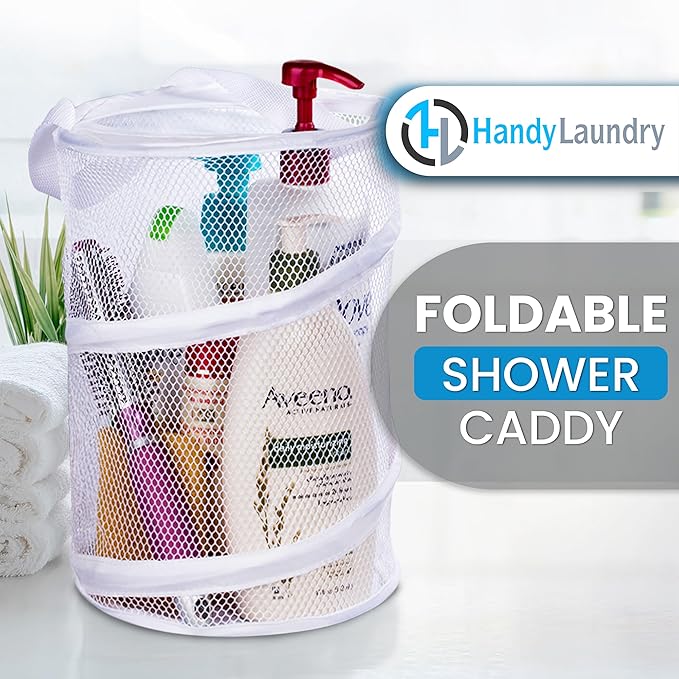 Handy Laundry Foldable Shower Caddy - Collapsible, Portable, Drainage Hole, Carry Handle, Large Compartments, Great Organizer for Camp, Travel, Gym, and Dorm (White)