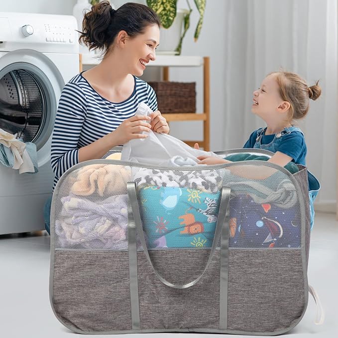 Collapsible Laundry Baskets with 3 Compartment, 150L Tear-proof Pop Up Hamper, Foldable Laundry Basket with Tote Handles, Dirty Clothes Hamper for Laundry, Bedroom, Bathroom, Dorm Grey