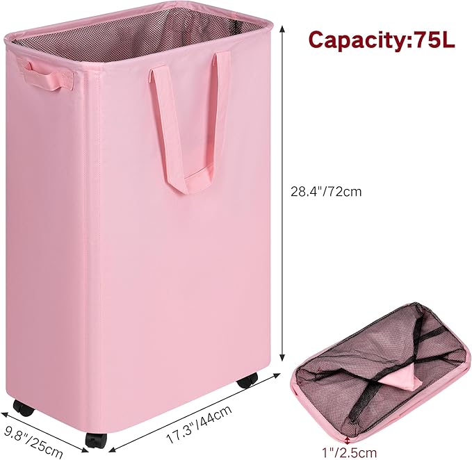 efluky Slim Laundry Hamper with Wheels, Rolling Laundry Basket for Clothes, Small Laundry Basket for Bedroom, Dorm and Laundry Room, 75L (19.8 Gallons) Pink