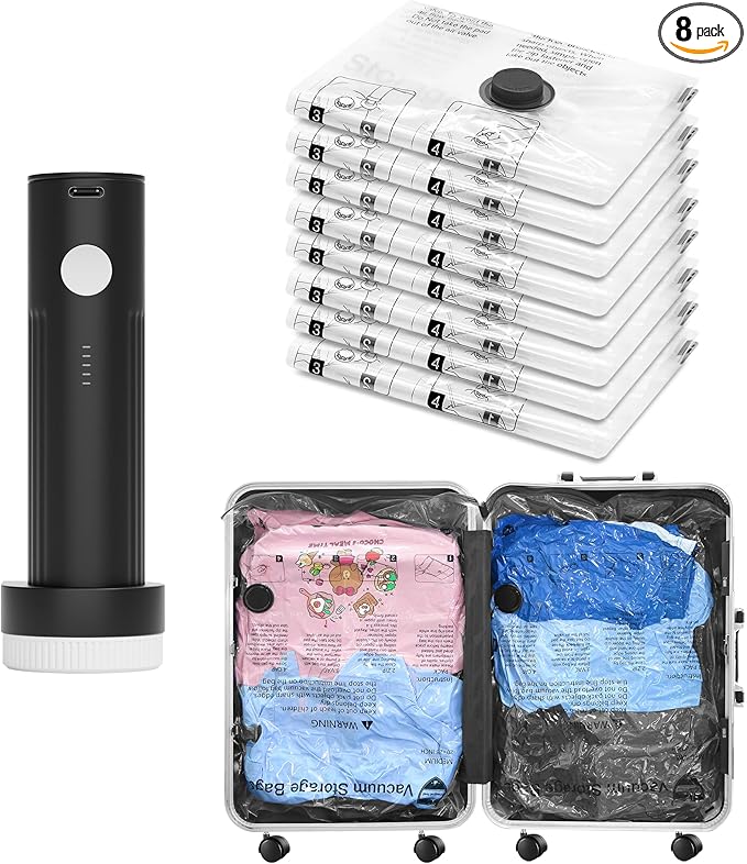 Vacuum Seal Bags for Clothing Travel and Home Storage, Travel Vacuum Bags with Electric Pump, Space Saver Compression Packing Cubes for Luggage Suitcase Bedding Blankets Clothes, 8 Combo