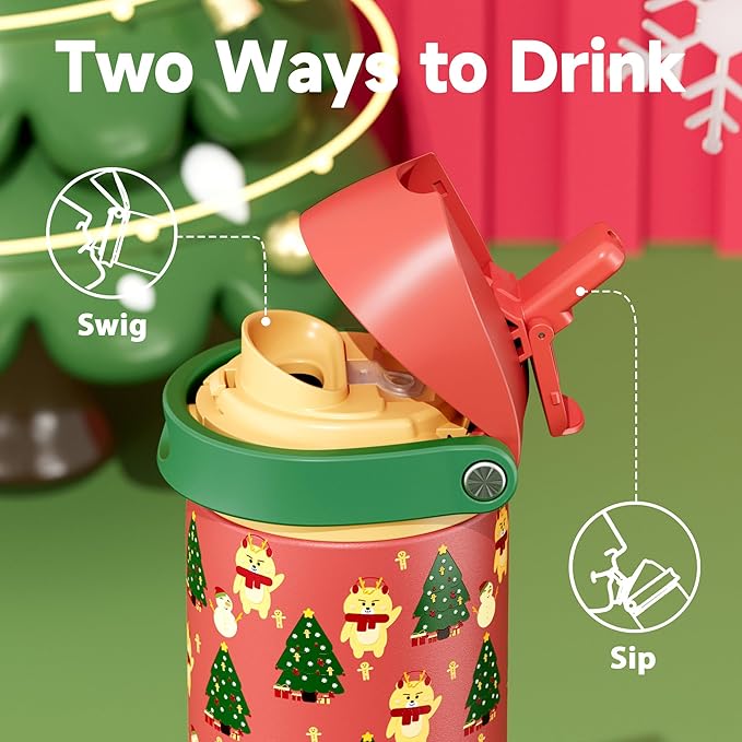 24 oz Christmas Insulated Water Bottle: Meoky Stainless Steel Water Bottle with Straw and Spout Lid - Leak Proof, Cold for 24 Hours, Fits in Car Cup Holder, Christmas Gifts for Women Men, Santa Deer