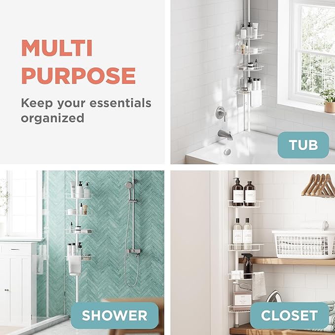 Zenna Home Tension Pole Shower Caddy Corner Organizer, Adjustable Standing Shower Caddy with 4 Baskets and Built in Towel Bar, Rust Resistant Bathroom Tension Rod Organizer, 60 to 97 Inch, White