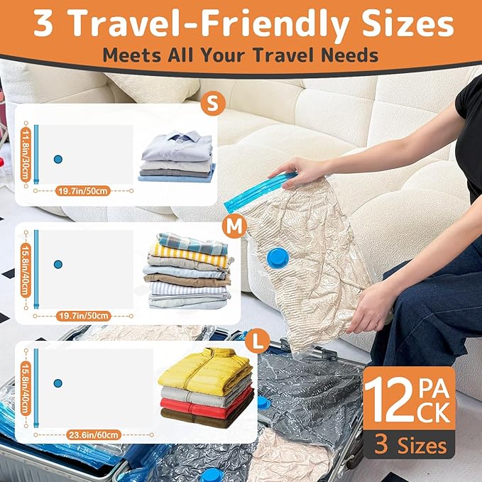 Travel Vacuum Bags with Rechargeable Mini Pump, 12 Pack Carry-On Compression Bags for Luggage & Suitcase, Space Saver Storage for Clothing and Travel Organization