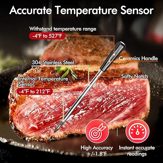 CaloriMastery Wireless Smart Bluetooth Meat Thermometer Digital for BBQ, Grill, Oven, Smoker, 500ft Range Cooking Thermometer with Ultra-Thin Wireless Meat Probe, Perfect for Steak, Chicken, Turkey