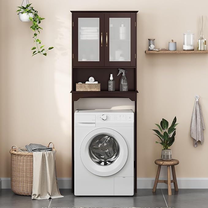 Yaheetech Over The Toilet Storage Cabinet, Free Standing Toilet Rack with Adjustable Shelves and Tempered Glass Doors for Bathroom Washroom, Espresso