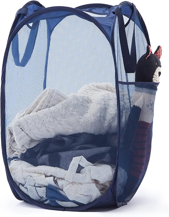 TECHMILLY Upgraded 105L Collapsible Mesh Pop Up Laundry Hamper with Sturdy Handles and Side Pocket - Portable Foldable Clothes Baskets for Dorm, Bathroom & Travel Storage (Blue Plus)