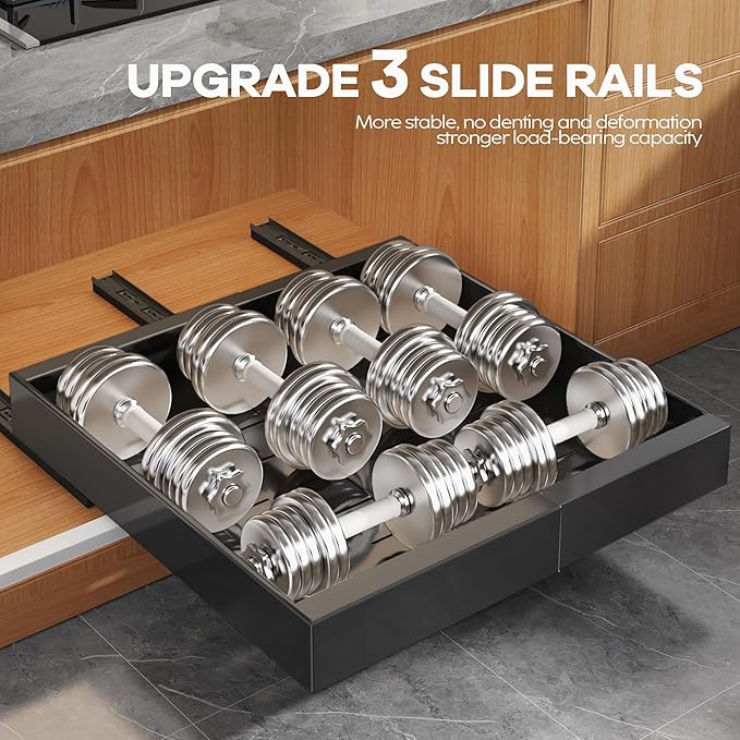 2Pack Expandable Pull Out Cabinet Organizer 21"Deep with Raising Pad for Framed Cabinets, Upgrade 3 Slide Rails Slide Out Drawers, Roll Out Shelves Adhesive,Adjustable Width 12.05"-20.4"Black