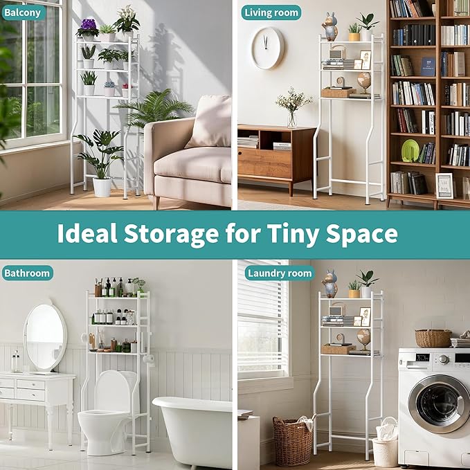 3-Tier Over The Toilet Storage with Paper Holder, Metal Bathroom Organizers and Storage for Small Space, Freestanding Bathroom Shelves with 4 Hooks, Above The Toilet Storage Shelf (White)