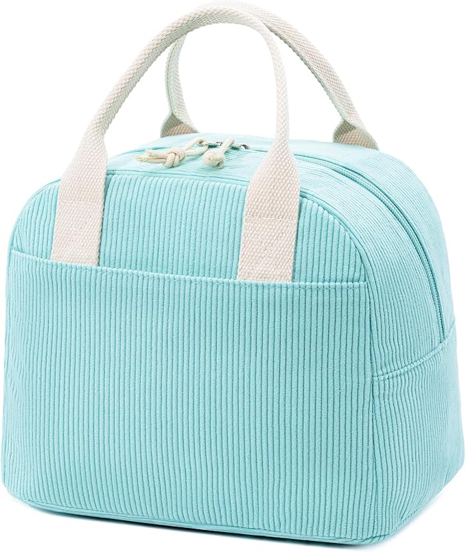 Insulated Lunch Bag for Women Men, Stylish Corduroy Tote Bag with Aluminum Lining, Large Capacity Reusable Cooler for Work, Travel, or Beach, Mint Green Lunch Box