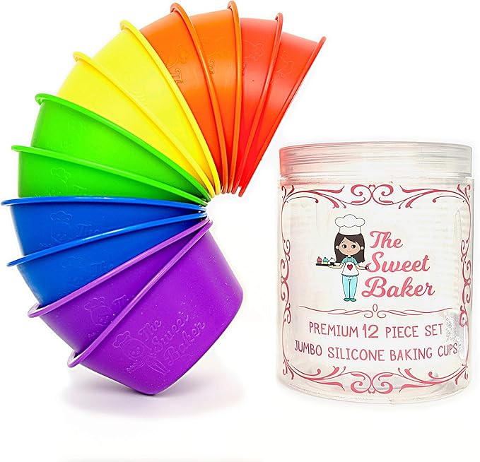 The Sweet Baker | Professional Jumbo Silicone Baking Cups | Premium 12 Piece Set | Reusable Cupcake Muffin Pans | BPA Free