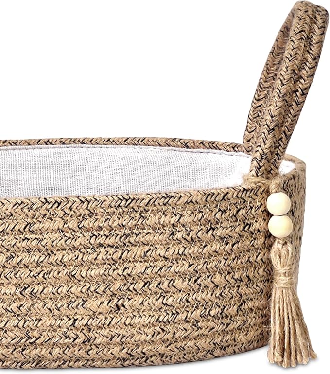 ABenkle Small Storage Basket for Toilet Tank Top - Jute Rope Woven Organizer with Handle, Boho Countertop Bathroom Decor, Toilet Paper Holder, 13x6x4 Inch